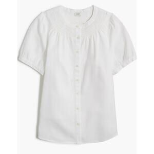 J.crew Short Sleeve Puff Smocked Neck Top Womens S White CI318 Button Up Blouse